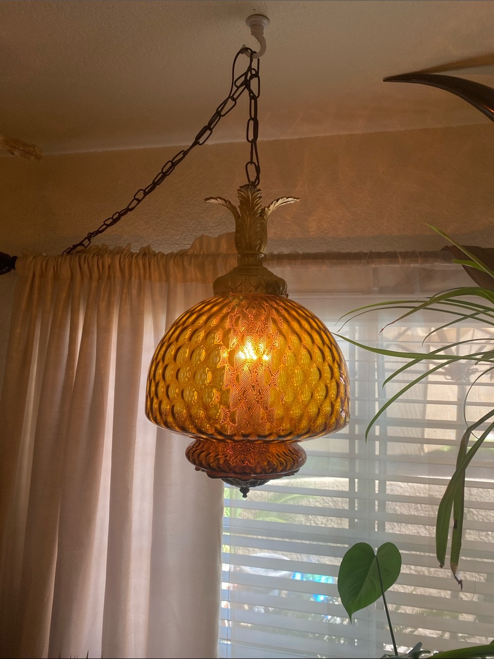 Vintage AMBER Glass FALKENSTEIN Hanging Light Swag Lamp Retro Diffuser Globe 70s